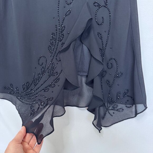 90s Vintage R&M Richards Black Chiffon Beaded Ruffle Slit Cocktail Midi Dress - Picture 6 of 13